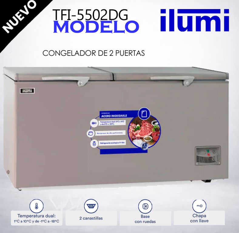TFI-5502DG Congeladora Ilumi Tina de Acero Inox de 550Lt Gris Doble tapa