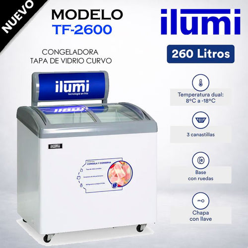 TF-2600 CONGELADORA HORIZONTAL ILUMI C/TAPA DE VIDRIO TIPO EXHIBIDORA