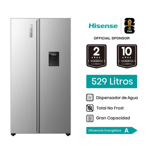 RS3P558NMCA Refrigeradora Hisense Side By Side 529L C/Dispensador de Agua Silver