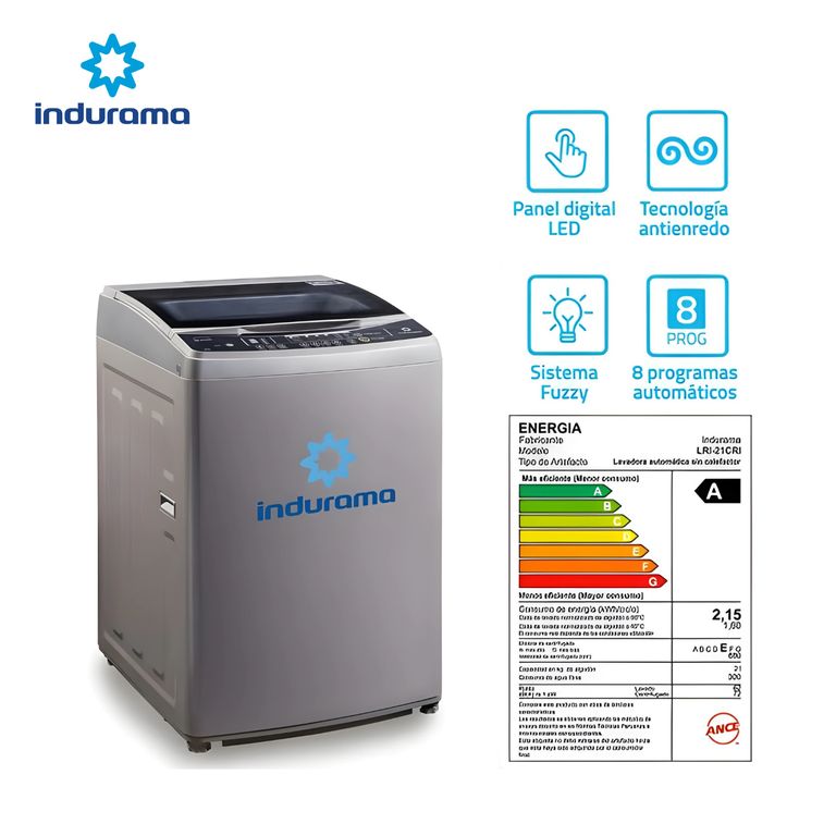LRI-21CRI Lavadora Automatica Inverter INDURAMA Carga Superior 21Kg Gris