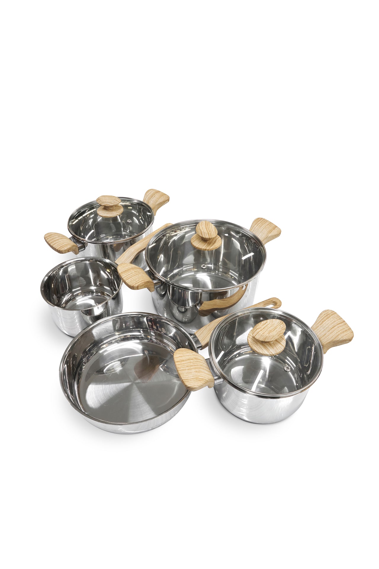 JUEGO DE OLLAS ROYAL MANGOS Y ASAS DE MADERAC/TAPA DE VIDRIO X 9 PZS - RY-103CW