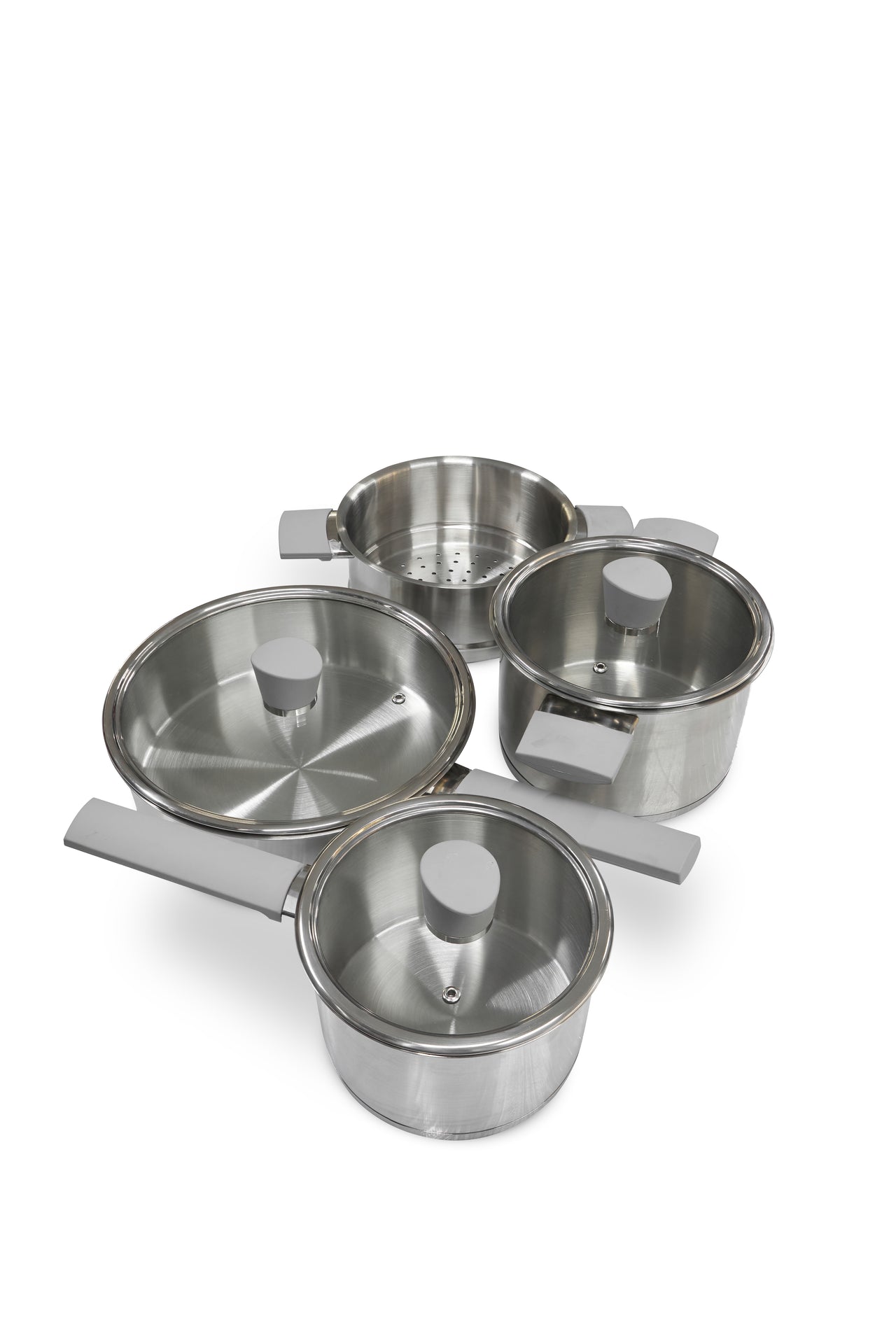 JUEGO DE OLLAS ROYAL CON MANGOS Y ASAS DE ACERO INOXIDABLE C/TAPA VIDRIO X 7 PZS - RY-106CW