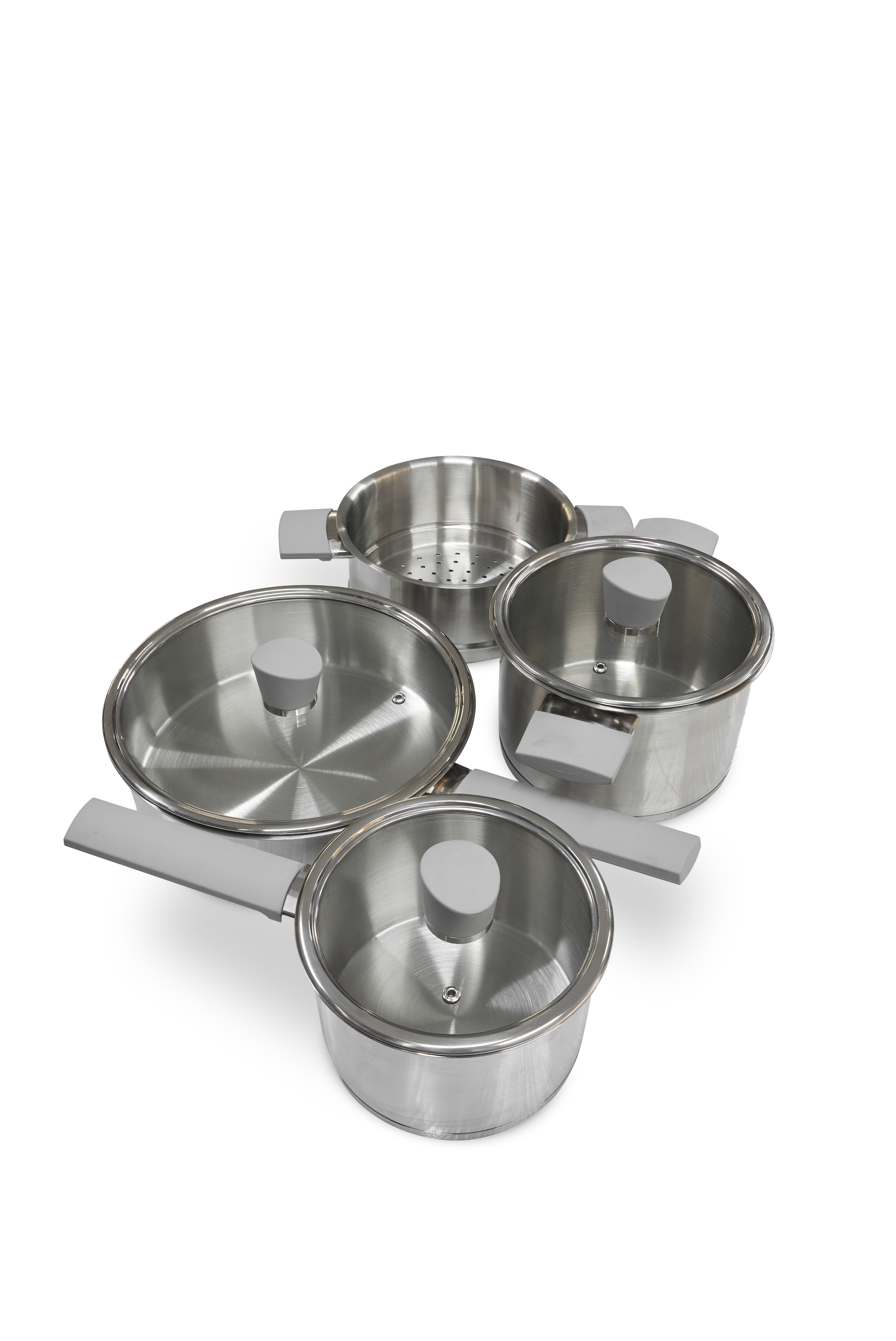 JUEGO DE OLLAS ROYAL CON MANGOS Y ASAS DE ACERO INOXIDABLE C/TAPA VIDRIO X 7 PZS - RY-106CW