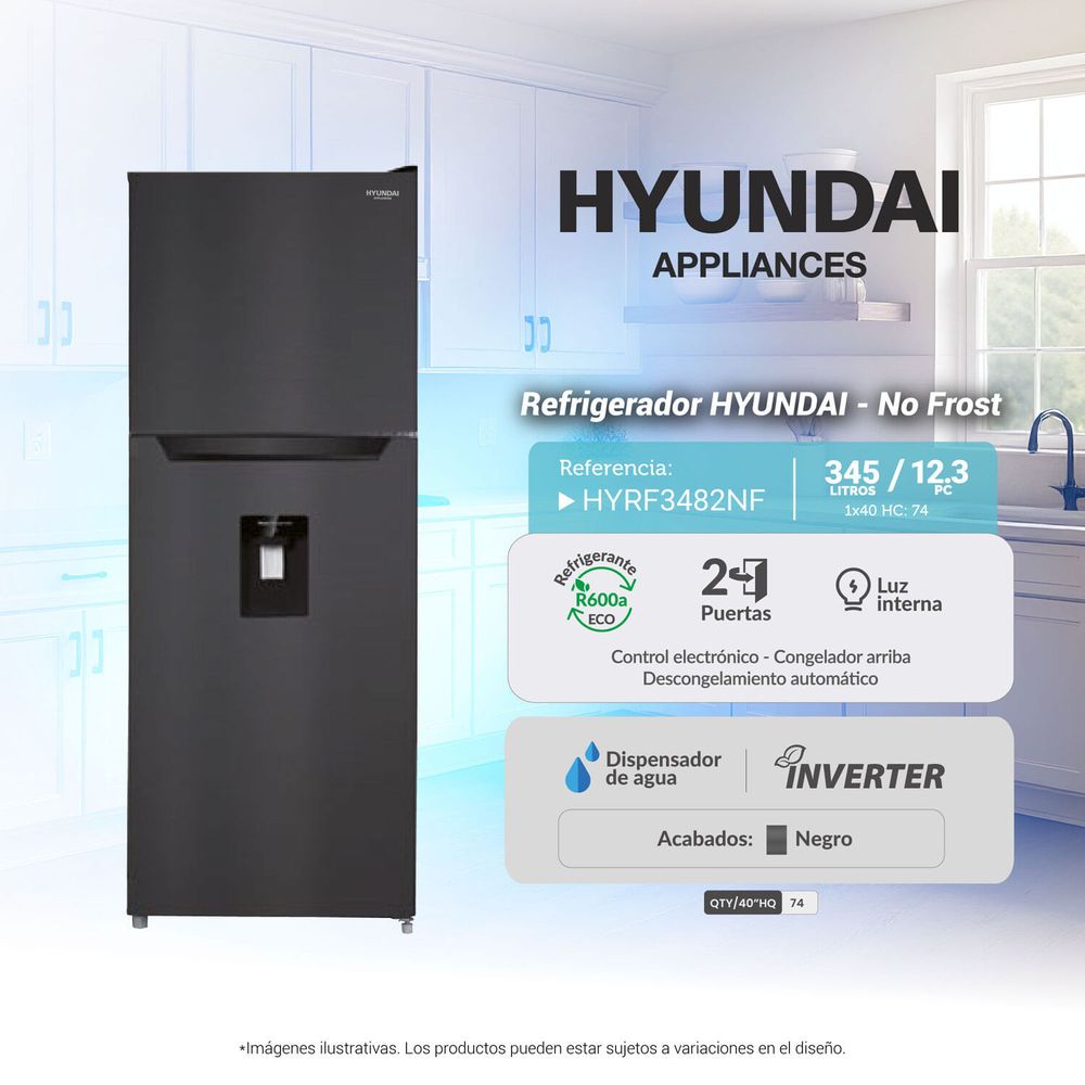 HYRF3482NF Refrigeradora Hyundai 345 L No frost Top Mount Negro